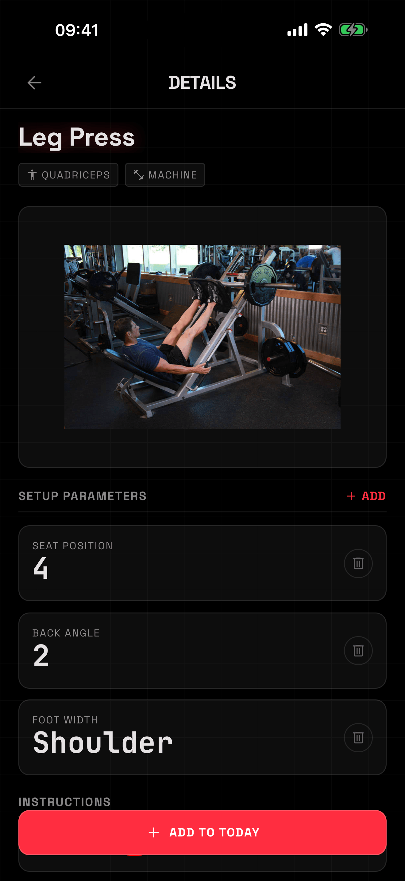 A QRep exercise detail for Leg Press showing saved setup parameters: seat position 4, back angle 2, foot width shoulder.